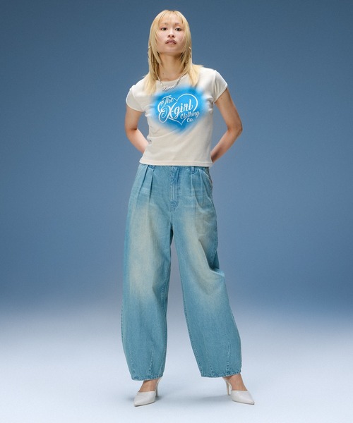 X-girl（エックスガール）の「TUCK WIDE LEG DENIM PANTS（デニムパンツ・レディース・ブラウン/ライトインディゴブルー・S/M）」の3枚目の写真