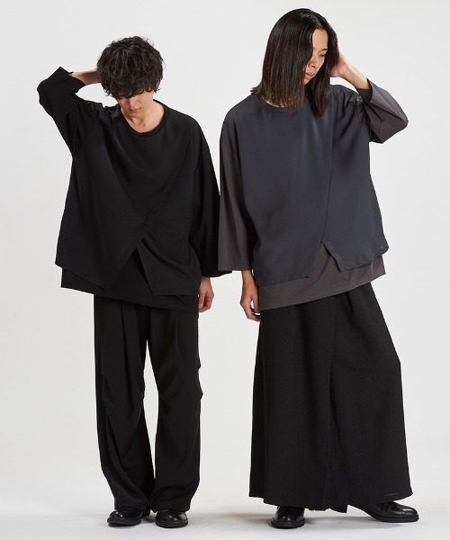 NO ID.（ノーアイディ）の「mlt5615-ｽﾘｯﾄﾚｲﾔｰﾄﾞ8分袖BIG-T Tシャツ(458006-441T)（Tシャツ/カットソー・メンズ・グレー/ブラック/ホワイト・ONE SIZE）」の8枚目の写真