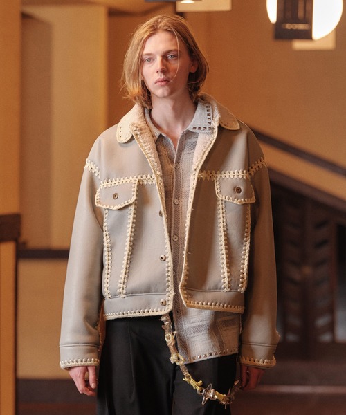 amok(アモク)の「HAND KNITTING BOA BLOUSON(ブルゾン・メンズ・ライトブルー/ブラック・M/S)」の2枚目の写真