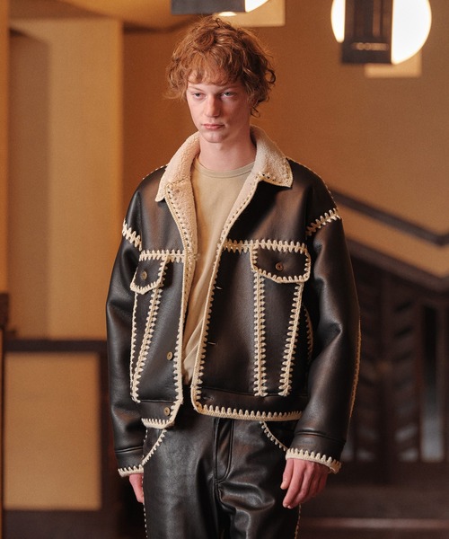 amok(アモク)の「HAND KNITTING BOA BLOUSON(ブルゾン・メンズ・ライトブルー/ブラック・M/S)」の1枚目の写真