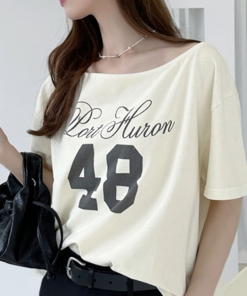 Ada.(エイダ)の「【ヴィンテージライク】綿100% ピグメント加工 カレッジ ロゴ ショート丈 オフショル Tシャツ(Tシャツ/カットソー・レディース・アイボリー/グレー/チャコール・FREE)」の20枚目の写真