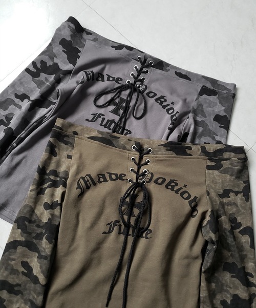me+em select(ミームセレクト)の「【 2color 】 ヴィンテージカモフラロゴオフショルロンT /vintage camouflage logo off-shoulder long-sleeve T-shirt(Tシャツ/カットソー・レディース・カーキ/グレー・FREE)」の6枚目の写真