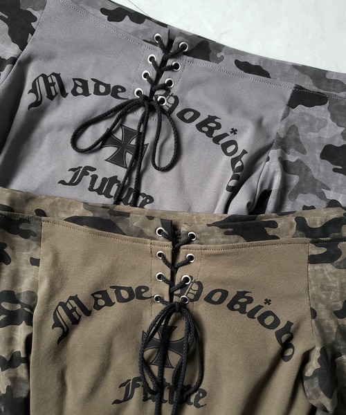 me+em select(ミームセレクト)の「【 2color 】 ヴィンテージカモフラロゴオフショルロンT /vintage camouflage logo off-shoulder long-sleeve T-shirt(Tシャツ/カットソー・レディース・カーキ/グレー・FREE)」の7枚目の写真