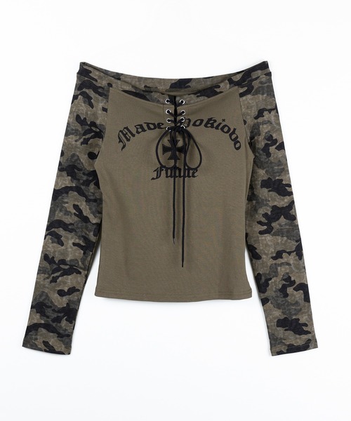 me+em select(ミームセレクト)の「【 2color 】 ヴィンテージカモフラロゴオフショルロンT /vintage camouflage logo off-shoulder long-sleeve T-shirt(Tシャツ/カットソー・レディース・カーキ/グレー・FREE)」の5枚目の写真