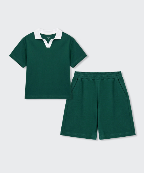 MUSINSA STANDARD KIDS（ムシンサスタンダードキッズ）の「スリットネックポロシャツセットアップ[グリーン]（セットアップ・レディース・その他・110/120/130/140/150/160）」の3枚目の写真