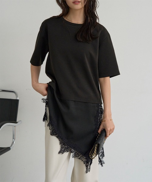 KOBE LETTUCE（コウベレタス）の「アシンメトリーレースドッキングプルオーバー（Tシャツ/カットソー・レディース・ホワイト×ホワイト/ブラック系その他/ブラック×ブラック・M）」の12枚目の写真