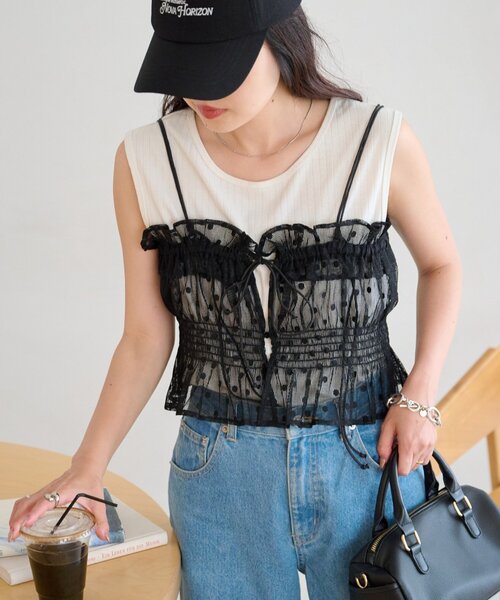 CIAOPANIC TYPY（チャオパニックティピー）の「2WAYアソートレースシャーリングビスチェ（キャミソール・レディース・イエロー/オフホワイト/ブラック・ONE SIZE）」の3枚目の写真