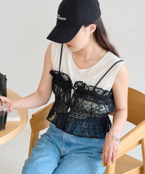 CIAOPANIC TYPY（チャオパニックティピー）の「2WAYアソートレースシャーリングビスチェ（キャミソール・レディース・イエロー/オフホワイト/ブラック・ONE SIZE）」の6枚目の写真