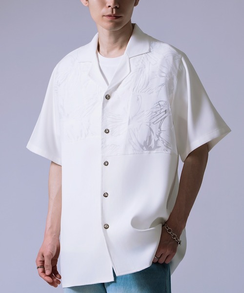 Crownor(クラウノアー)の「シアーカットジャガード オープンカラー 半袖シャツ(シャツ/ブラウス・メンズ・ブラック/ホワイト・LARGE/MEDIUM)」の2枚目の写真