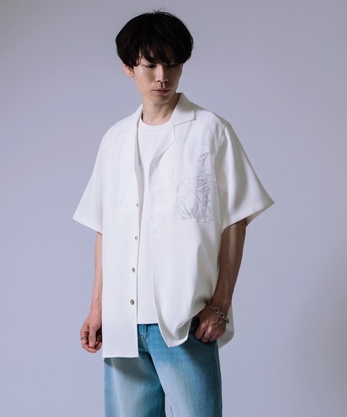 Crownor(クラウノアー)の「シアーカットジャガード オープンカラー 半袖シャツ(シャツ/ブラウス・メンズ・ブラック/ホワイト・LARGE/MEDIUM)」の7枚目の写真