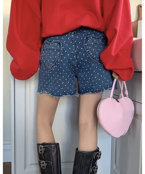 セール】ドット柄ハートポケットデニムショートパンツ（デニムパンツ