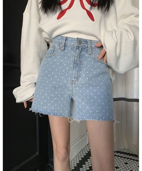 inst.ALL(インストール)の「ドット柄ハートポケットデニムショートパンツ(デニムパンツ・レディース・ブルー/サックスブルー・L/M/S/LL)」の7枚目の写真