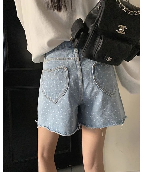 inst.ALL(インストール)の「ドット柄ハートポケットデニムショートパンツ(デニムパンツ・レディース・ブルー/サックスブルー・L/M/S/LL)」の6枚目の写真