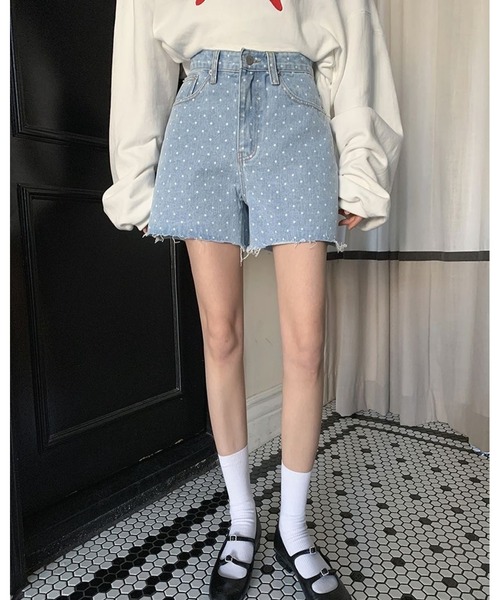 inst.ALL(インストール)の「ドット柄ハートポケットデニムショートパンツ(デニムパンツ・レディース・ブルー/サックスブルー・L/M/S/LL)」の4枚目の写真