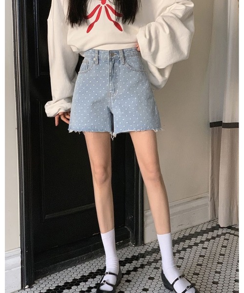 inst.ALL(インストール)の「ドット柄ハートポケットデニムショートパンツ(デニムパンツ・レディース・ブルー/サックスブルー・L/M/S/LL)」の3枚目の写真