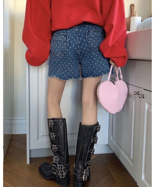 inst.ALL(インストール)の「ドット柄ハートポケットデニムショートパンツ(デニムパンツ・レディース・ブルー/サックスブルー・L/M/S/LL)」の19枚目の写真