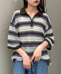 CIAOPANIC TYPY | 【UNISEX】透かし編みメッシュボーダーハーフジップサマーニットポロ(ポロシャツ)