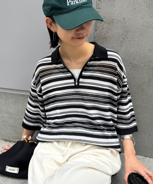 CIAOPANIC TYPY(チャオパニックティピー)の「【UNISEX】透かし編みメッシュボーダーハーフジップサマーニットポロ(ポロシャツ・メンズ・ブラック/グリーン/ブラウン・LARGE/MEDIUM)」の2枚目の写真