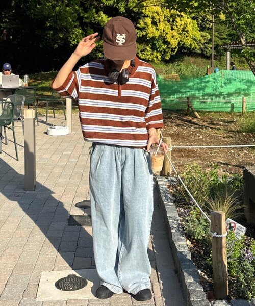 CIAOPANIC TYPY(チャオパニックティピー)の「【UNISEX】透かし編みメッシュボーダーハーフジップサマーニットポロ(ポロシャツ・メンズ・ブラック/グリーン/ブラウン・LARGE/MEDIUM)」の7枚目の写真