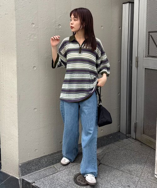 CIAOPANIC TYPY(チャオパニックティピー)の「【UNISEX】透かし編みメッシュボーダーハーフジップサマーニットポロ(ポロシャツ・メンズ・ブラック/グリーン/ブラウン・LARGE/MEDIUM)」の9枚目の写真
