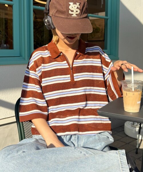 CIAOPANIC TYPY(チャオパニックティピー)の「【UNISEX】透かし編みメッシュボーダーハーフジップサマーニットポロ(ポロシャツ・メンズ・ブラック/グリーン/ブラウン・LARGE/MEDIUM)」の10枚目の写真