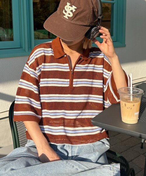CIAOPANIC TYPY(チャオパニックティピー)の「【UNISEX】透かし編みメッシュボーダーハーフジップサマーニットポロ(ポロシャツ・メンズ・ブラック/グリーン/ブラウン・LARGE/MEDIUM)」の11枚目の写真