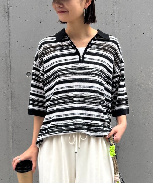 CIAOPANIC TYPY(チャオパニックティピー)の「【UNISEX】透かし編みメッシュボーダーハーフジップサマーニットポロ(ポロシャツ・メンズ・ブラック/グリーン/ブラウン・LARGE/MEDIUM)」の16枚目の写真