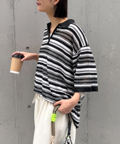 CIAOPANIC TYPY(チャオパニックティピー)の「【UNISEX】透かし編みメッシュボーダーハーフジップサマーニットポロ(ポロシャツ・メンズ・ブラック/グリーン/ブラウン・LARGE/MEDIUM)」の17枚目の写真