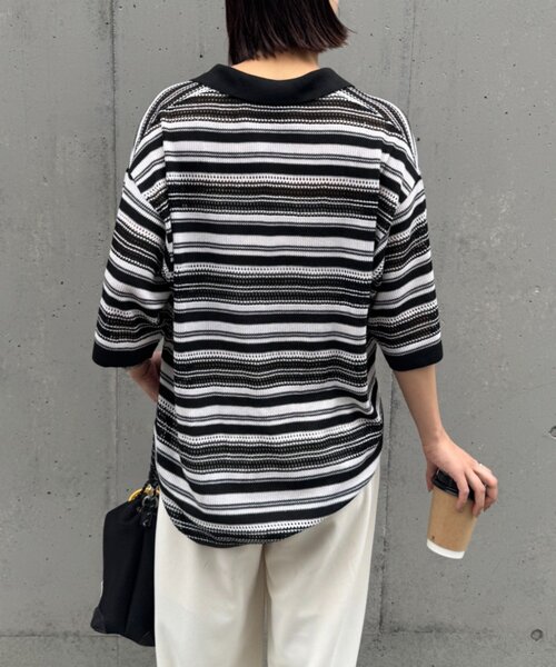 CIAOPANIC TYPY(チャオパニックティピー)の「【UNISEX】透かし編みメッシュボーダーハーフジップサマーニットポロ(ポロシャツ・メンズ・ブラック/グリーン/ブラウン・LARGE/MEDIUM)」の18枚目の写真