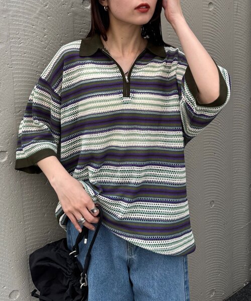 CIAOPANIC TYPY(チャオパニックティピー)の「【UNISEX】透かし編みメッシュボーダーハーフジップサマーニットポロ(ポロシャツ・メンズ・ブラック/グリーン/ブラウン・LARGE/MEDIUM)」の22枚目の写真