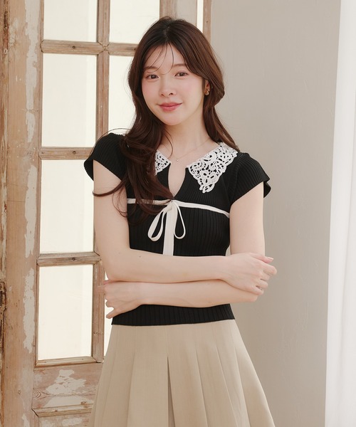 fupel（フぺル）の「lace collar knit tops / レース襟ニットトップス（ニット/セーター・レディース・ブラック/アイボリー・FREE）」の18枚目の写真