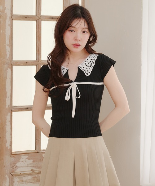 fupel（フぺル）の「lace collar knit tops / レース襟ニットトップス（ニット/セーター・レディース・ブラック/アイボリー・FREE）」の20枚目の写真
