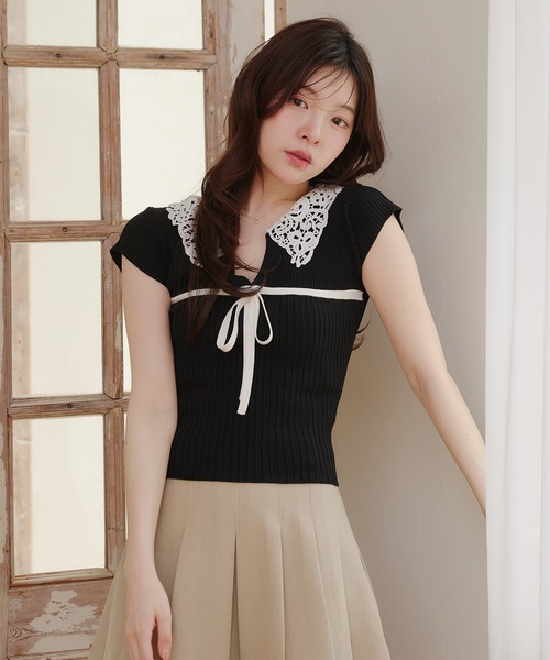 fupel（フぺル）の「lace collar knit tops / レース襟ニットトップス（ニット/セーター・レディース・ブラック/アイボリー・FREE）」の21枚目の写真