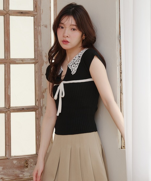 fupel（フぺル）の「lace collar knit tops / レース襟ニットトップス（ニット/セーター・レディース・ブラック/アイボリー・FREE）」の22枚目の写真