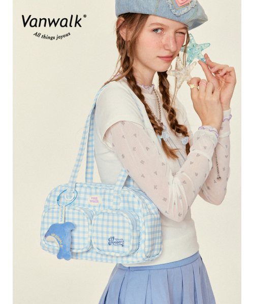 VANWALK（バンウォーク）の「Ocean Island Tote Bag [Check Sky]（トートバッグ・レディース・スカイブルー/ライトパープル/ピンク/ライトブルー・FREE）」の5枚目の写真