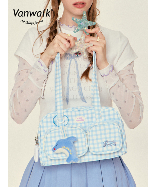 VANWALK（バンウォーク）の「Ocean Island Tote Bag [Check Sky]（トートバッグ・レディース・スカイブルー/ライトパープル/ピンク/ライトブルー・FREE）」の6枚目の写真