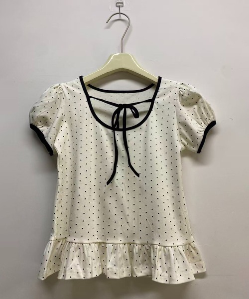 Girly Doll(ガーリードール)の「リボンネックパフスリドットカットソー(Tシャツ/カットソー・レディース・グレー/ブラック/ベージュ・FREE)」の8枚目の写真