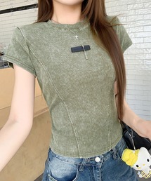 ヴィンテージ風リブ加工コンパクト半袖Tシャツ ショート丈トップス レディース