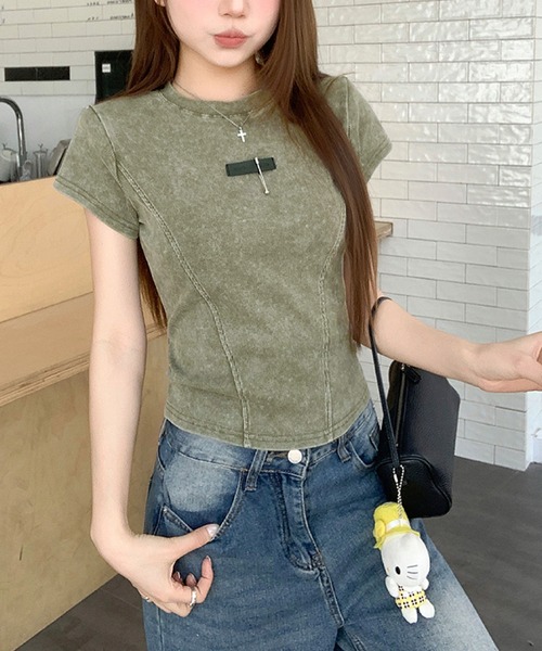 2ly2(トゥーリートゥー)の「ヴィンテージ風リブ加工コンパクト半袖Tシャツ ショート丈トップス レディース(Tシャツ/カットソー・レディース・カーキ/ダークグレー/ブルー・FREE)」の5枚目の写真