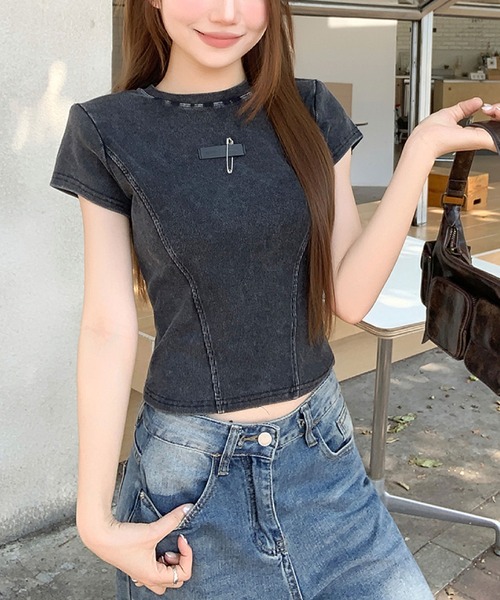 2ly2(トゥーリートゥー)の「ヴィンテージ風リブ加工コンパクト半袖Tシャツ ショート丈トップス レディース(Tシャツ/カットソー・レディース・カーキ/ダークグレー/ブルー・FREE)」の8枚目の写真