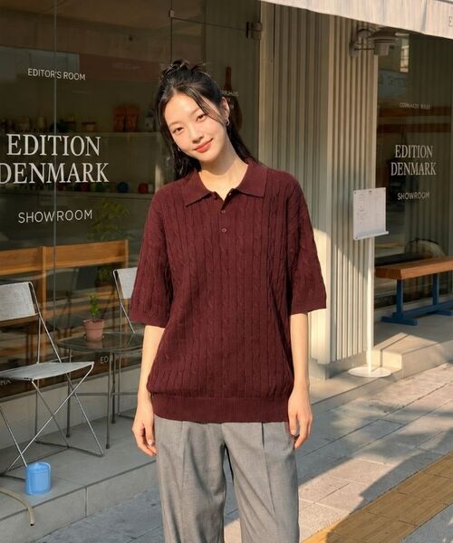 BASIC LABEL（ベーシックラベル）の「Oinel Cable Button Collar Short-Sleeve Knit 4 Color [BLSK_1001]（Tシャツ/カットソー・レディース・ネイビー/グリーン/バーガンディー/ブラック・SMALL/MEDIUM/LARGE/X-LARGE）」の9枚目の写真