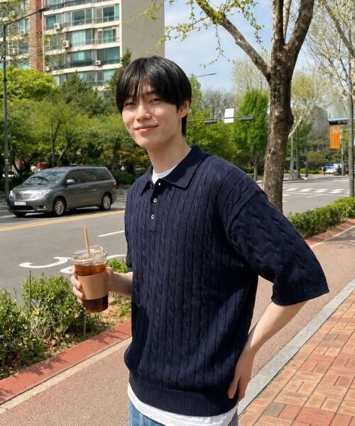 BASIC LABEL（ベーシックラベル）の「Oinel Cable Button Collar Short-Sleeve Knit 4 Color [BLSK_1001]（Tシャツ/カットソー・レディース・ネイビー/グリーン/バーガンディー/ブラック・SMALL/MEDIUM/LARGE/X-LARGE）」の12枚目の写真