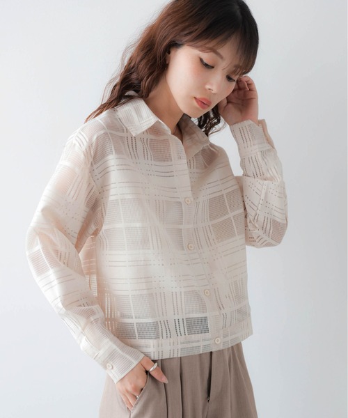 AMELY（エミリー）の「シアーチェックショートシャツ（シャツ/ブラウス・レディース・ブラック/グリーン/ベージュ・フリー）」の3枚目の写真