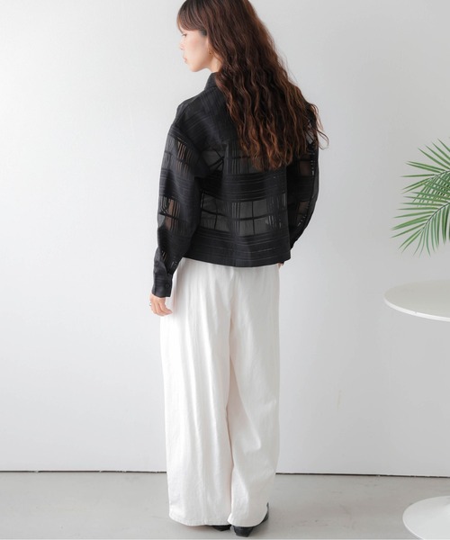 AMELY（エミリー）の「シアーチェックショートシャツ（シャツ/ブラウス・レディース・ブラック/グリーン/ベージュ・フリー）」の7枚目の写真