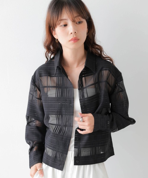 AMELY（エミリー）の「シアーチェックショートシャツ（シャツ/ブラウス・レディース・ブラック/グリーン/ベージュ・フリー）」の11枚目の写真