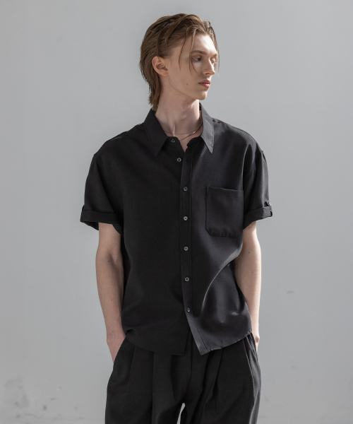DECOROSO（デコローゾ）の「クールリネンライク半袖ロールアップシャツ[ブラック]（シャツ/ブラウス・メンズ・その他・LARGE/X-LARGE）」の5枚目の写真