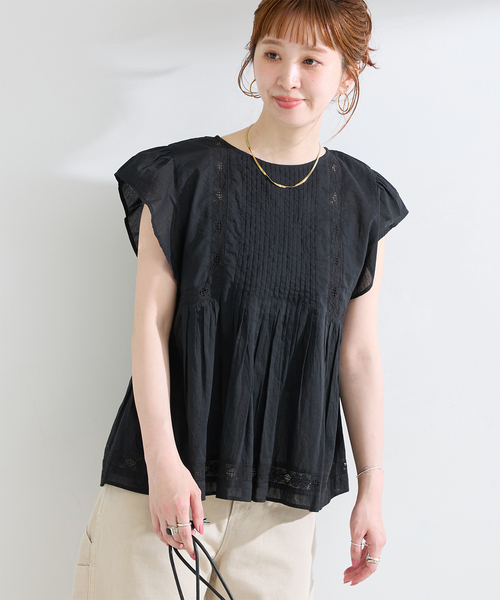 B.C STOCK(ベーセーストック)の「手洗い可 / ハーフスリーブレースブラウス(シャツ/ブラウス・レディース・ホワイト/ブラック/イエロー・FREE)」の2枚目の写真
