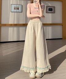 レースフリルワイドイージーパンツ