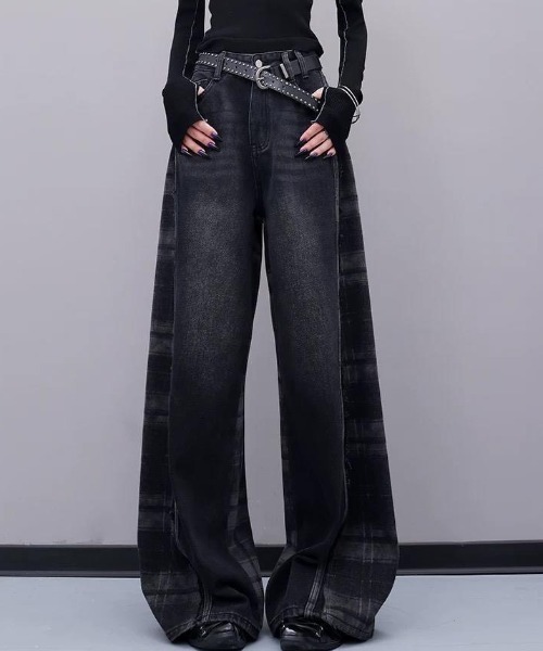 AVYL(アヴィル)の「チェック柄ドッキングワイドデニムパンツ(その他パンツ・レディース・ブラック・S/M/L)」の9枚目の写真