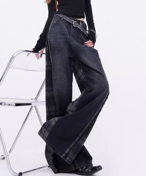 AVYL(アヴィル)の「チェック柄ドッキングワイドデニムパンツ(その他パンツ・レディース・ブラック・S/M/L)」の13枚目の写真